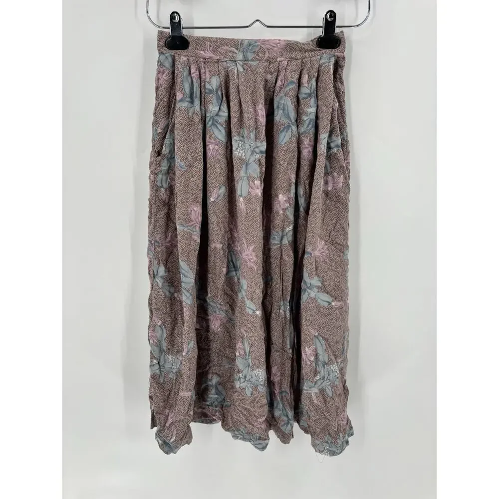 Ms Interpret Vintage Skirt Womens XS Pink Blue Floral Midi Pleated Pockets Zip